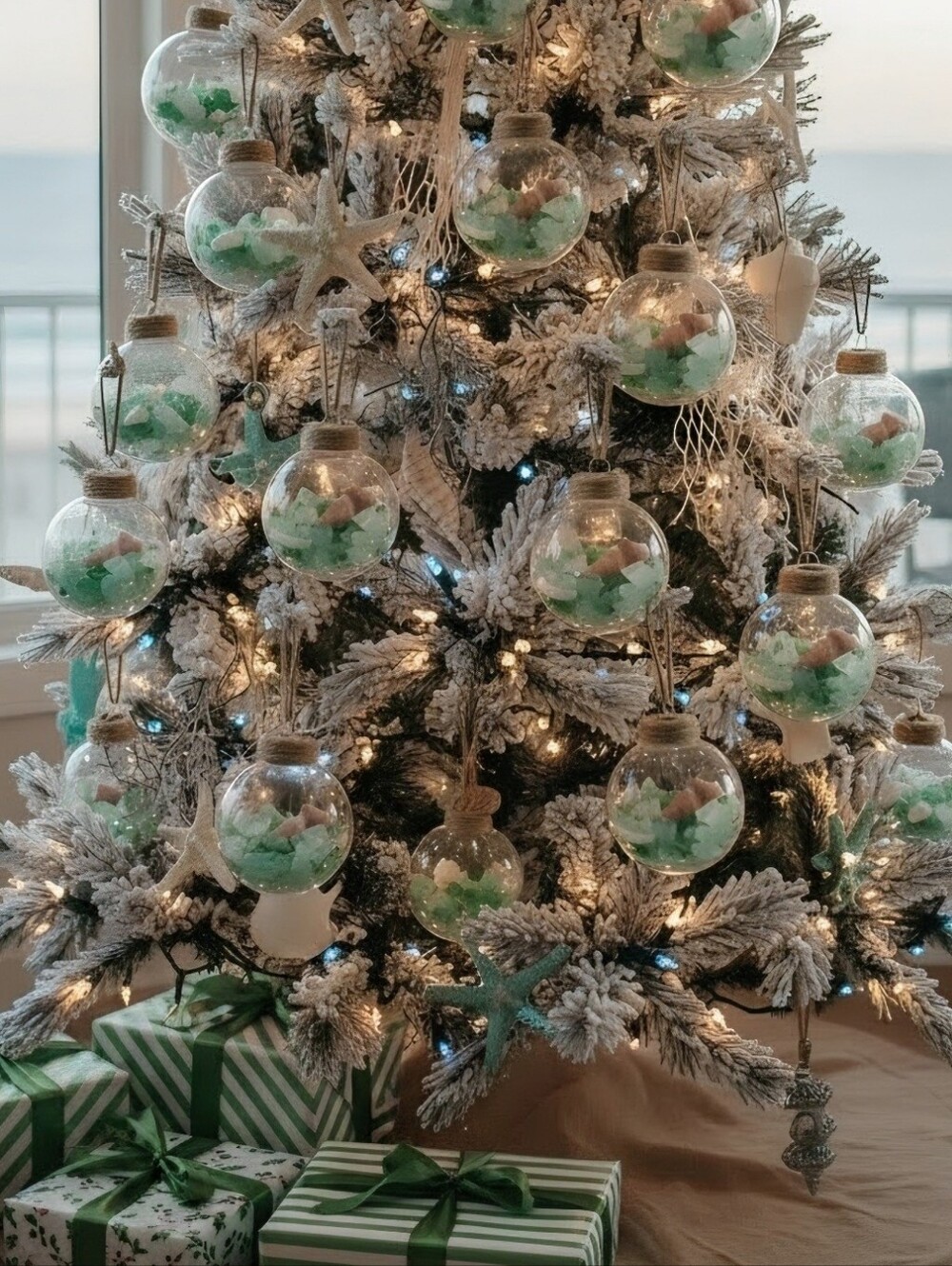 Ornaments with Green and White Tumbled Glass and Shells Set Of Six